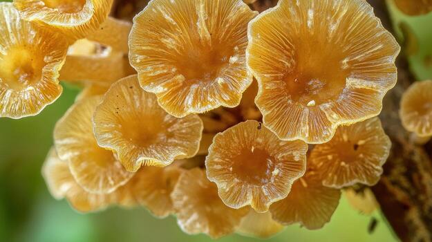 A cluster of yellow mushrooms growing on a tree photo