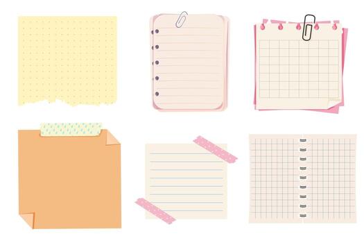 Memo sheets, postit notes, torn labels and taped pages. Sticky planner elements, checklist and list paper for scrapbooking or school. Template set. White and craft paper. vector