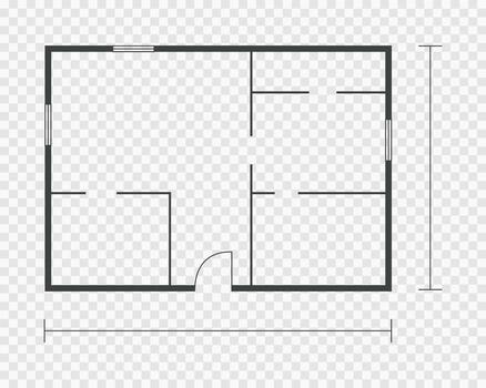 Floorplan simple icon room flat line drawing, floor plan project, symbol. Technical architecture draw. Structure shape, build layout with doors and windows. vector