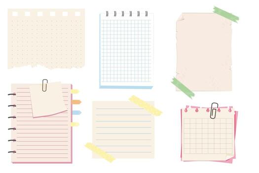 Different note papers, memo pages with paper clip and adhesive tape. Set sticky remind blanks, sheets, stickers. Checklist ripped torn edge paper. vector