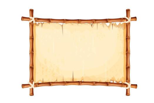Bamboo frame with old parchment paper decorated with rope isolated on white background. Game ui board, sign vector
