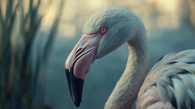 A close up of a flamingo with its head in the water photo