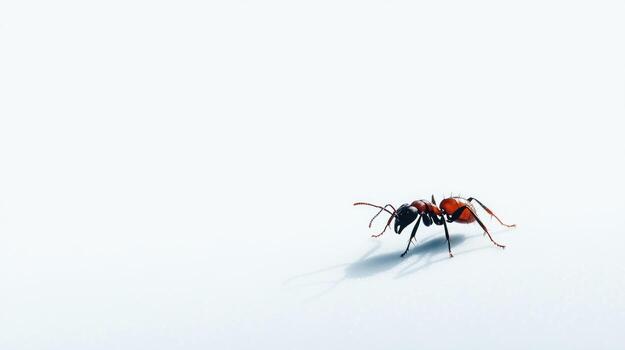 A red ant on a white surface photo
