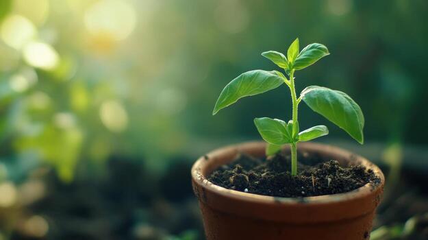 A small plant is growing in a pot photo