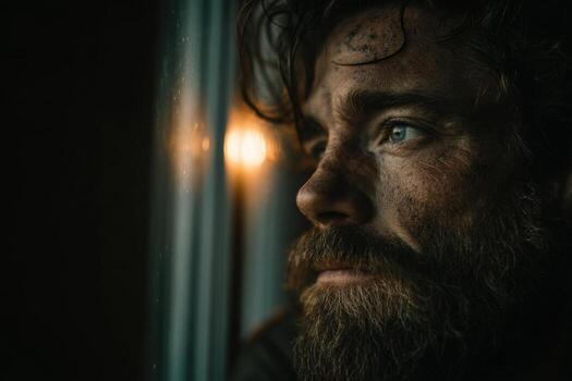 A man with a beard and a beard looks out the window photo