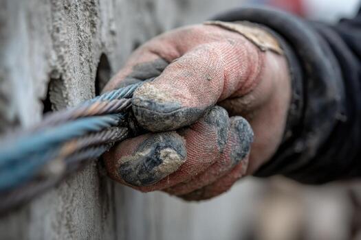 A person's hand holding a wire while working on a wall photo