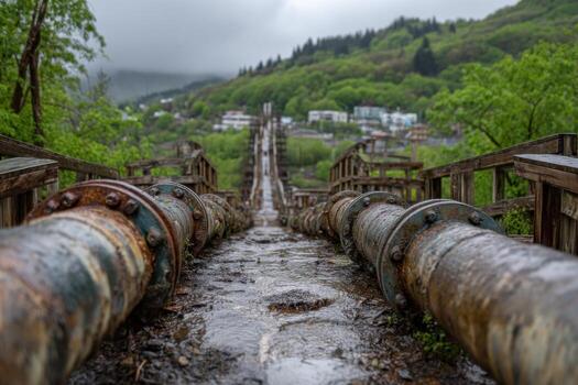 Pipes are lined up on a bridge over a river photo