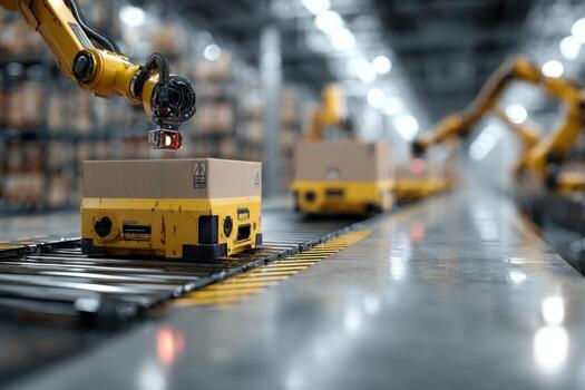Robots moving boxes on a conveyor belt in a warehouse photo