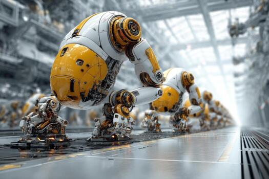 A group of yellow robots walking in a factory photo