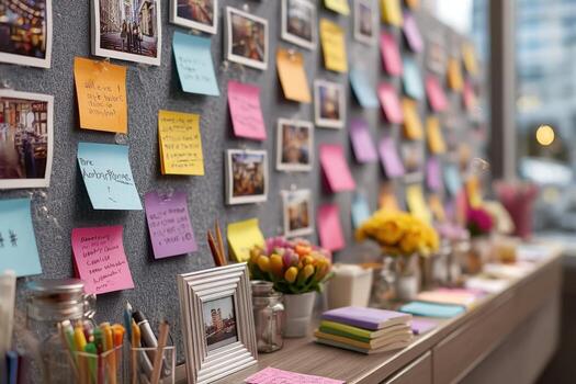 A desk with a lot of post-it notes on it photo