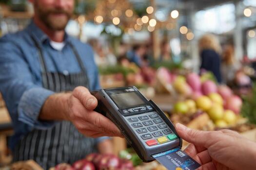 A man is holding a credit card in front of a produce stand photo