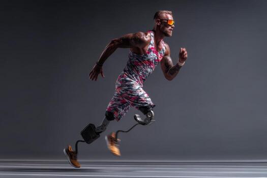 A man with prosthetic legs running on a track photo