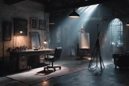 A dark room with a desk, chair and easel photo