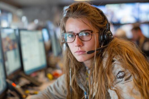 A woman wearing glasses and a headset in front of multiple computer screens photo