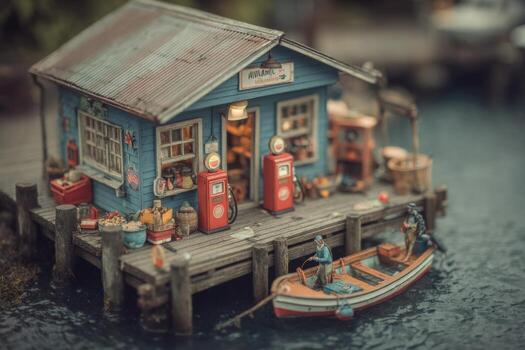 A miniature model of a small house on a dock photo