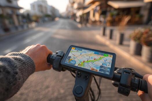 A person riding a bicycle with a gps device on the handlebars photo
