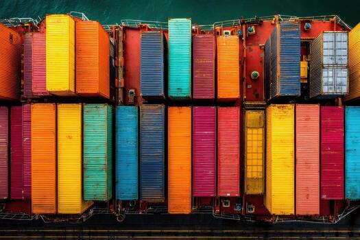 An aerial view of a container ship with many different colored containers photo