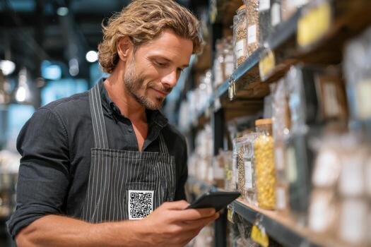 Man using qr code to scan products in a supermarket photo