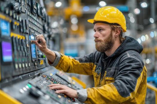 A man in a hard hat and yellow jacket working on a control panel photo