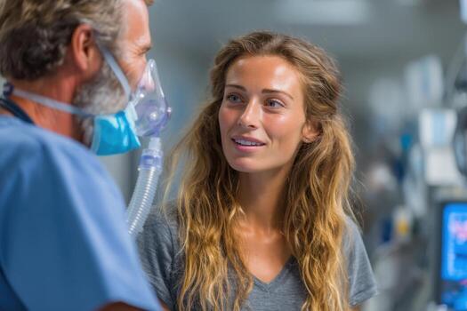 A man and woman in an oxygen mask talking to each other photo