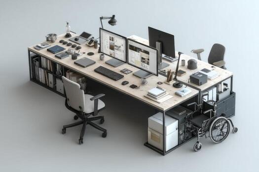 A desk with a wheelchair and computer on it photo