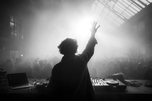 Dj in the dark with hands up photo