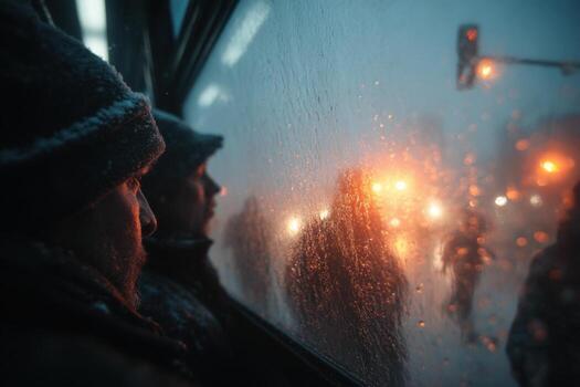 A man looking out the window of a bus photo