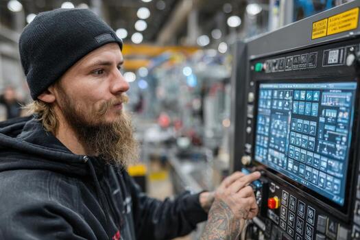 A man with a beard and beard working on a machine photo