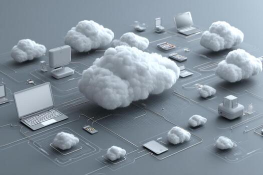 Cloud computing concept with laptop, tablet and cloud computing devices photo