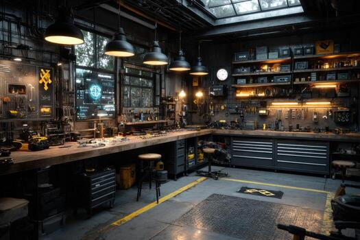 A work shop with lots of tools and lights photo