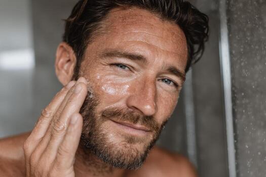 A man with a beard and a beard is looking at his face in the mirror photo