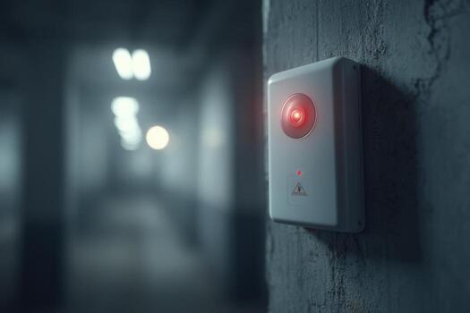 A red light is on a wall in a hallway photo