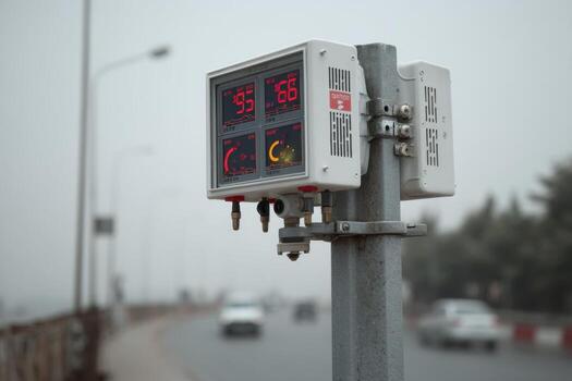 A traffic light on a pole with a traffic sign on it photo