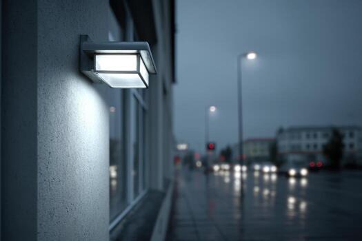 A street light is on the side of a building photo