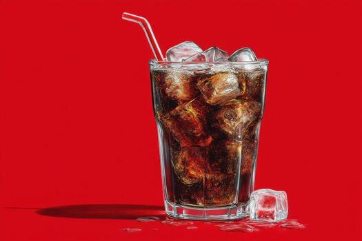 A glass of cola with ice cubes on a red background photo
