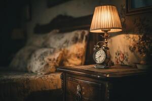 un antiguo reloj se sienta en un mesita de noche siguiente a un cama foto