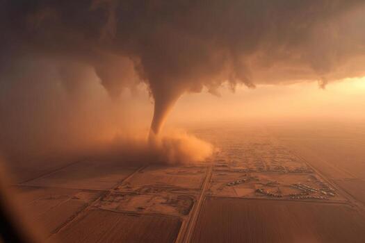 A tornado is seen from an airplane as it moves over a field photo
