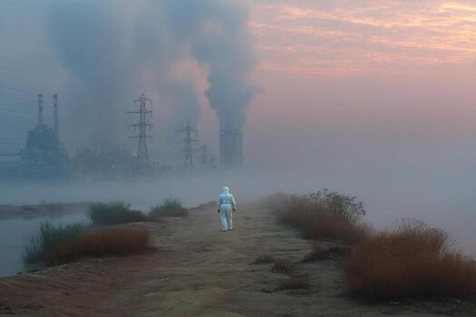 A man in an all white suit walks along a dirt path in the fog photo