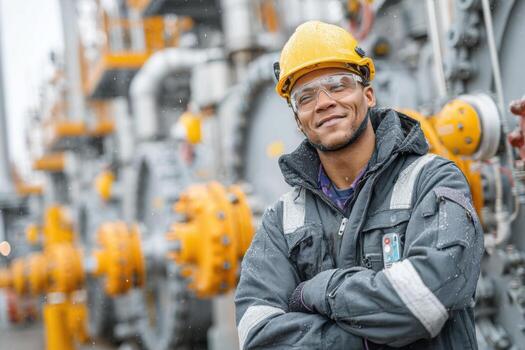 A man in a hard hat and safety glasses standing in front of a large oil pipeline photo