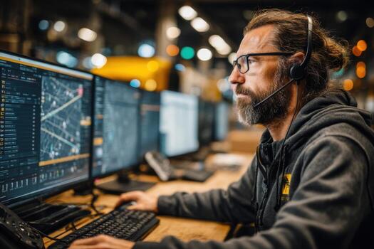 A man wearing headphones and a headset working on a computer photo