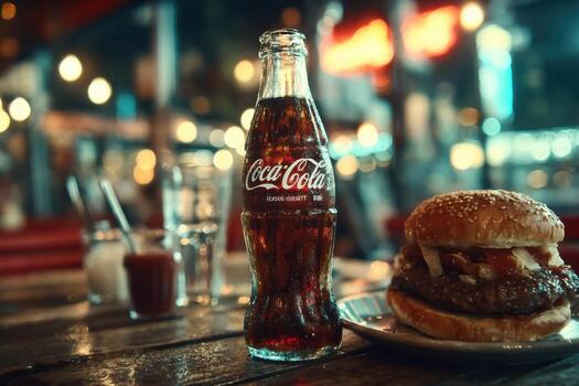 A coke bottle and a hamburger on a table photo