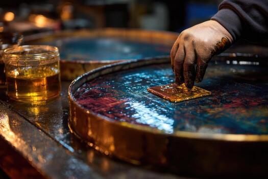 A person is making a piece of art on a table photo
