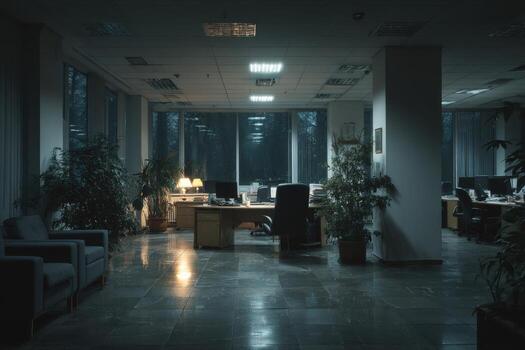 An empty office with a desk and chairs photo