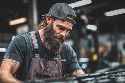 A man with a beard and hat working on a car photo