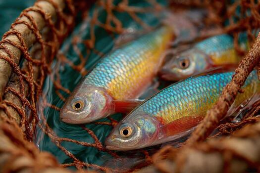 Three fish in a net with a net photo