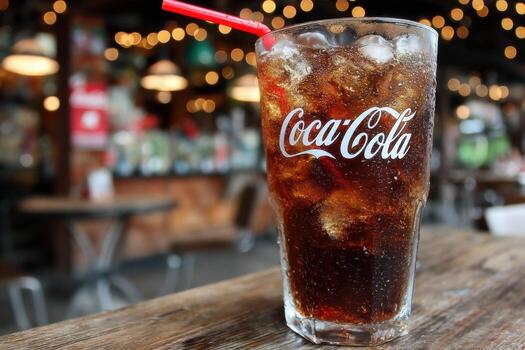 A glass of coke with a straw sitting on a table photo