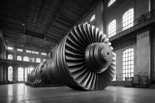 A large turbine engine sitting in a large building photo