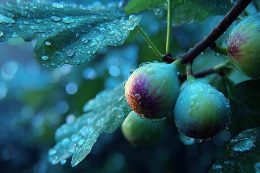 Figs on the tree with water droplets photo