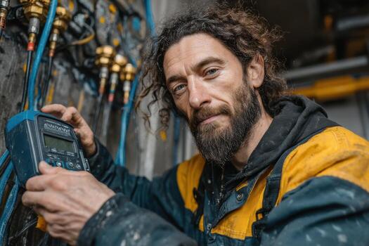 A man with a beard and beard is holding a digital meter photo