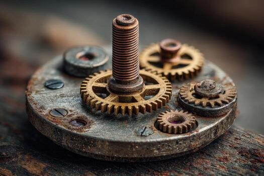 An old mechanical clock with gears and a screw photo